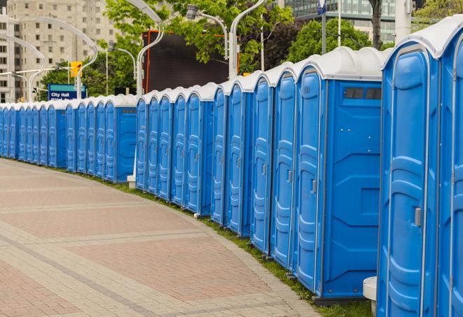 hygienic portable restrooms lined up at a music festival, providing comfort and convenience for attendees in Columbine Valley